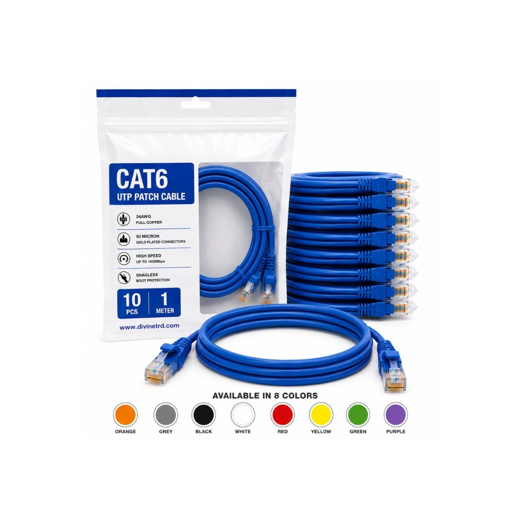 Cat6 UTP Patch Cable 1 Meter – RJ45 Ethernet LAN Cable, 24AWG Full Copper | Pack of 10