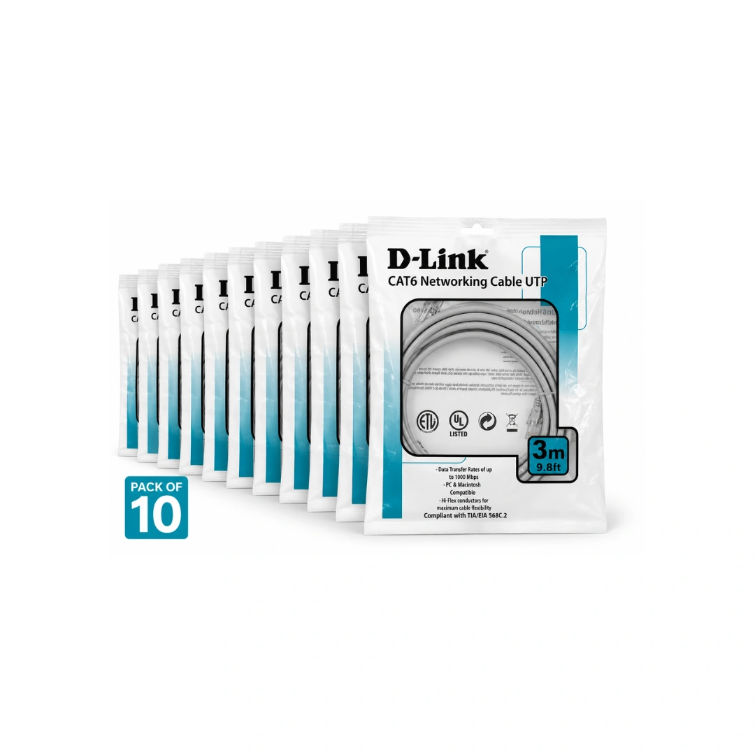 D-Link Cat6 UTP Round Patch Cord 3 Meter Grey 24AWG Pack of 10 (NCB-C6UGRYR1-3)