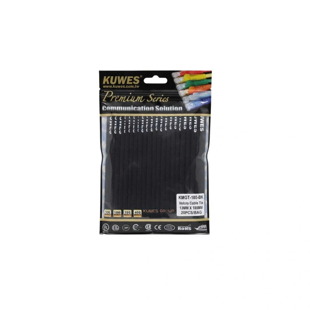 KUWES Velcro Reusable Cable Tie 13mm × 180mm – 20 Pcs/Bag (Black)