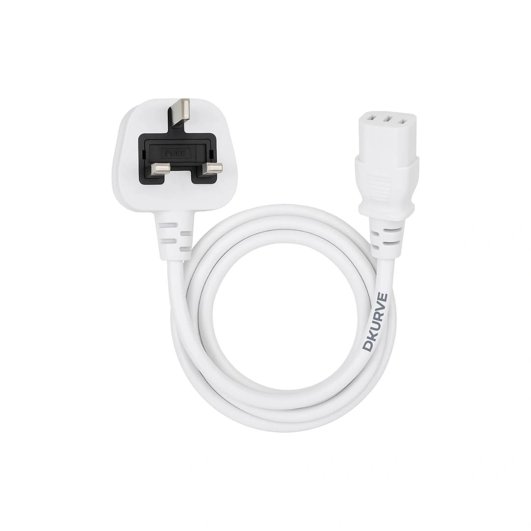 IEC C13 Computer Power Cable 2M White | UK 13A Power Cord | DKURVE