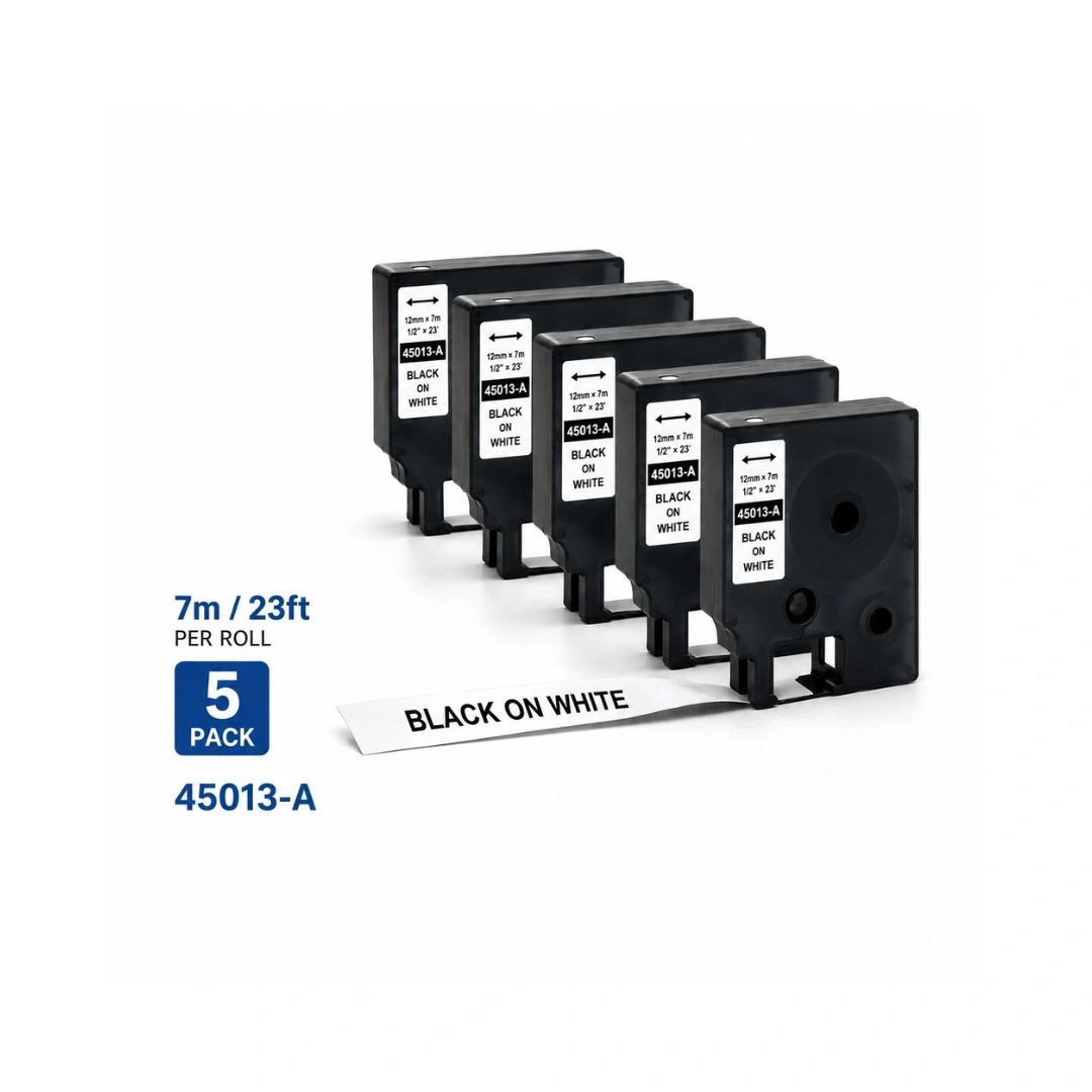 Compatible Label Tape for DYMO 45013 / S0720530 – 12mm × 7m Black on White – Pack of 5