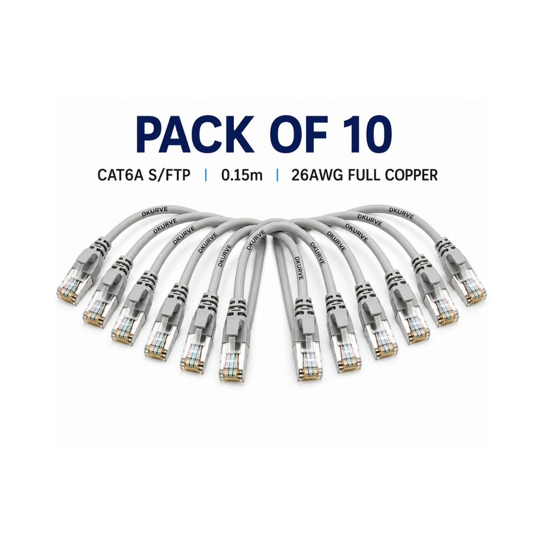CAT6A S/FTP Shielded Patch Cord 0.15m – 26AWG Full Copper, Fluke Tested, Pack of 10 – Grey / Black