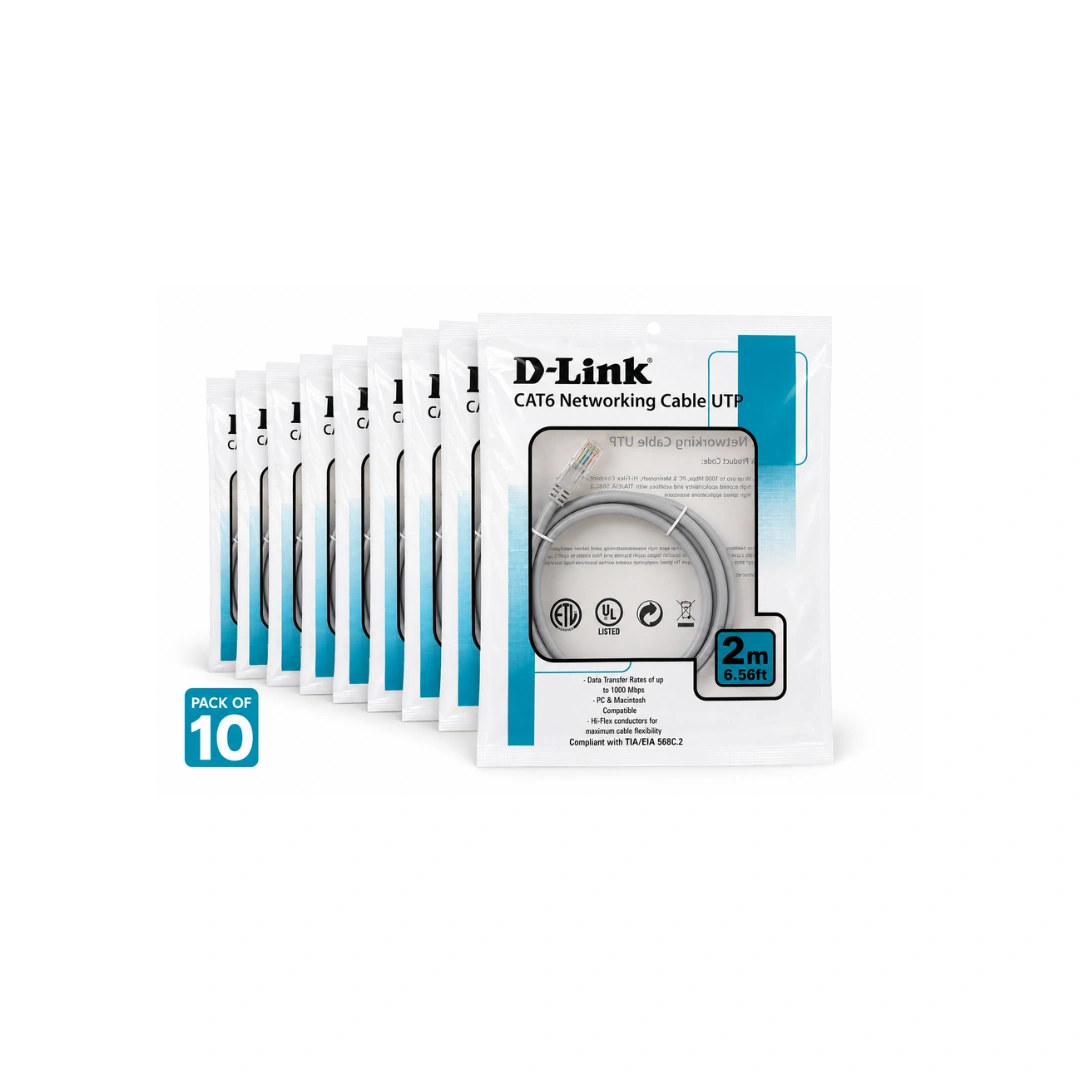 D-Link Cat6 UTP Round Patch Cord 2 Meter Grey 24AWG Pack of 10
