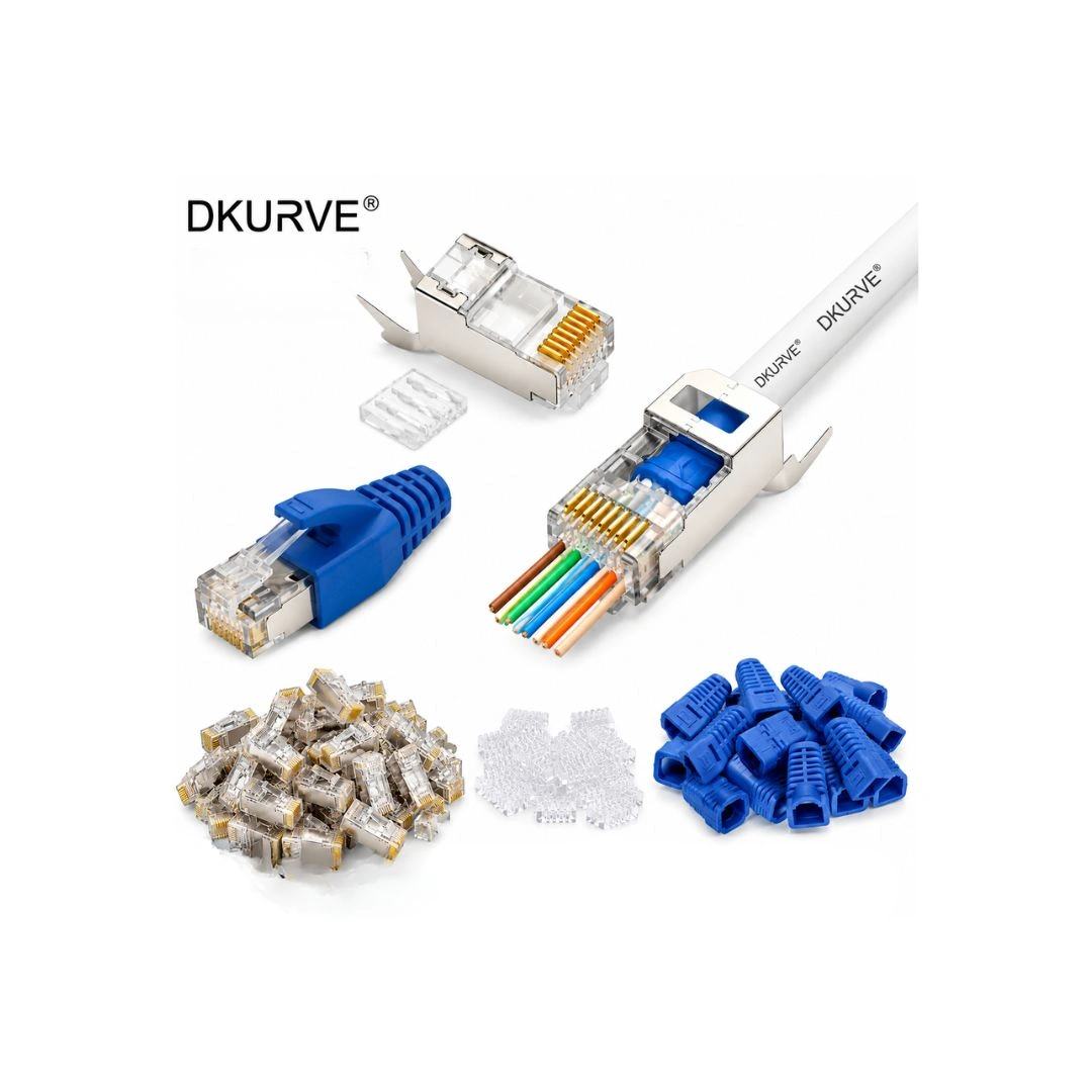 DKURVE Cat7/Cat6A Shielded RJ45 Pass-Through Connectors 30 Pack Blue Boots