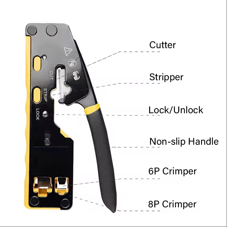 DKURVE RJ45 Crimp Tool / Ethernet Wire Cutter / Crimper (Cat7, Cat6A, Cat6, Cat5e, Cat5) / Pass Through Compatible / Multi-Modular Design