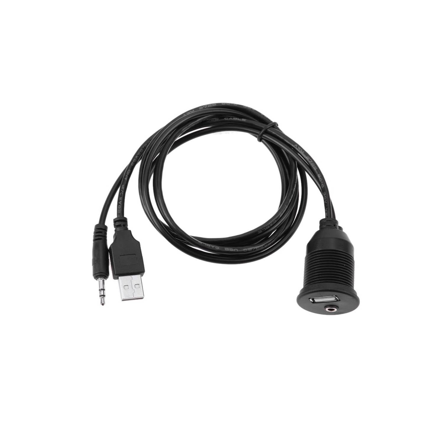 USB Flush Mount - 1M 3ft 3.5mm & USB 3.0 AUX Extension Mount, Dash Mount