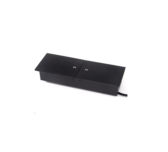 Desktop Sliding Cover Hidden Plug Multimedia Socket Box (Black) - Power Sockets for Furniture Tables / 2 Universal Power Outlets / Network Interface / USB & TYPE C Chargers / HDMI Port